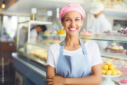 Happy small pastry shop owner, smiling proudly at her store. Cheerful female baker working at her shop