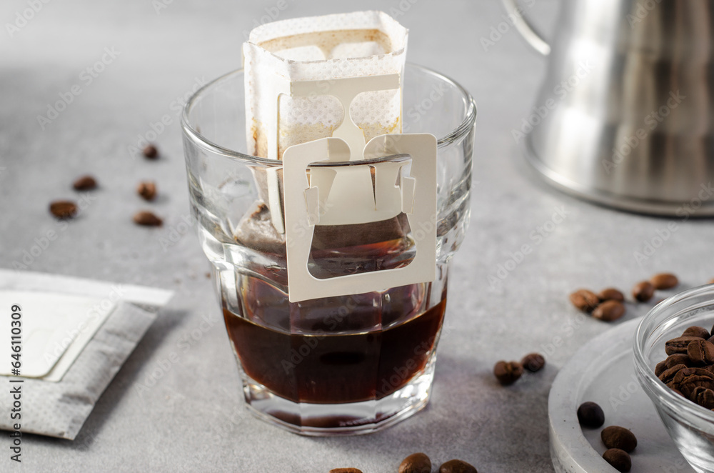 Drip Coffee Bag in a Cup, Quick Way to Brew Ground Coffee Using Paper Type Filter Drip Coffee Bag in a Cup, Quick Way to Brew Ground Coffee Using Paper Type Filter