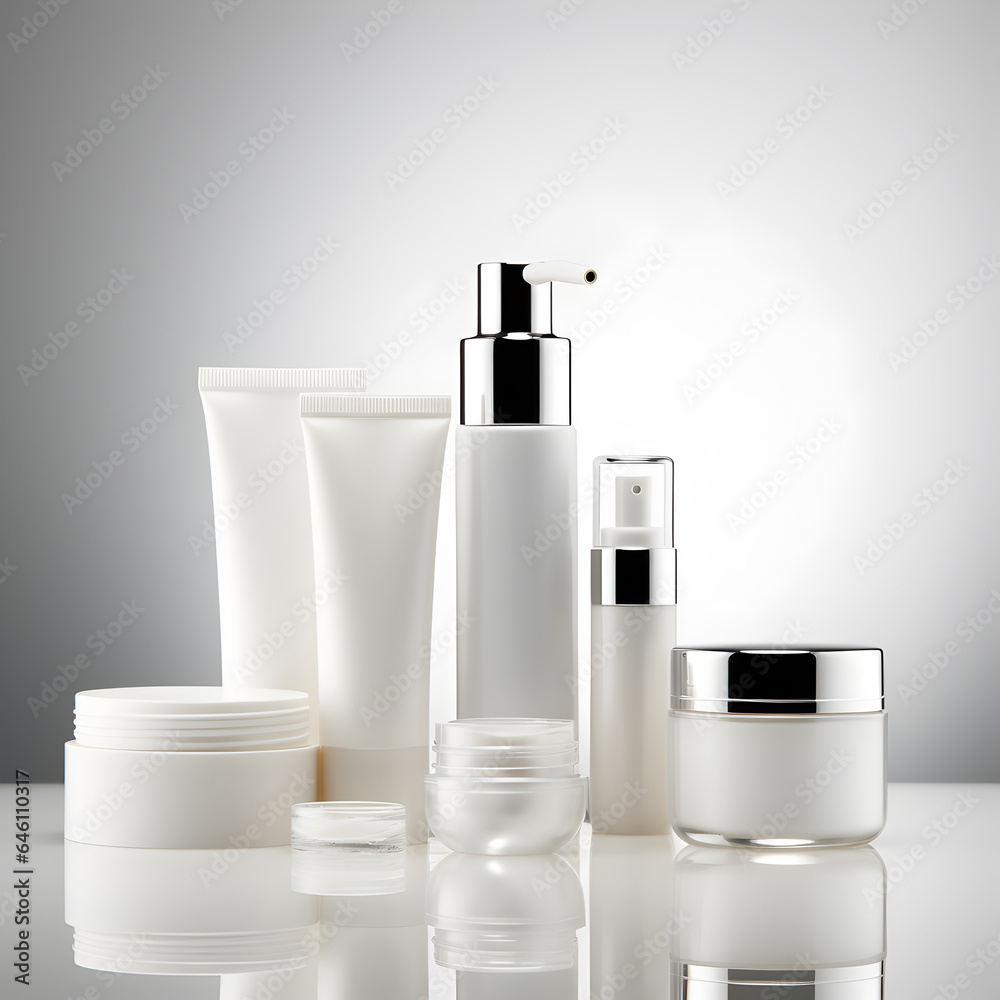 set of cosmetic containers line with white color and copy space makeup, and skin care items, gray background set of cosmetic containers line with white color and copy space makeup, and skin care items, gray background