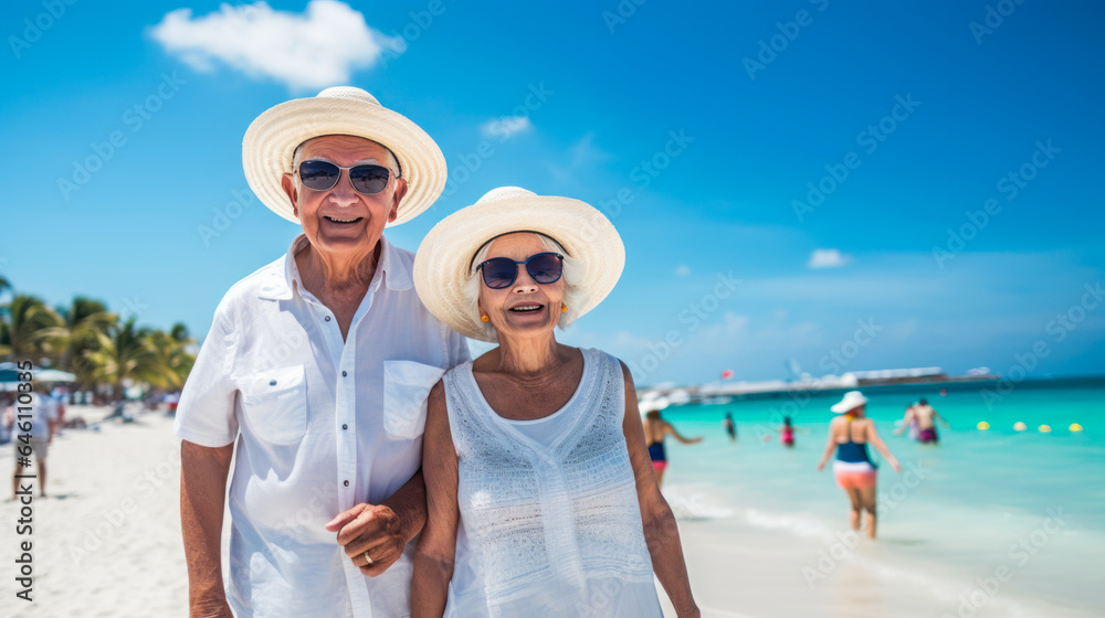 60 plus couples in white dress walking in the beach wearing white dress and hats