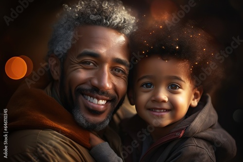 Portrait, happy father and boy smile in garden fun, vacation and break in summer happiness together. Black man and child smile, love and hug outdoor bonding free time on a sunny day in the park #646110345