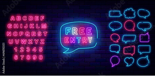 Free entry neon label. Unpaid entrance for club. Colorful handwritten text. Vector stock illustration