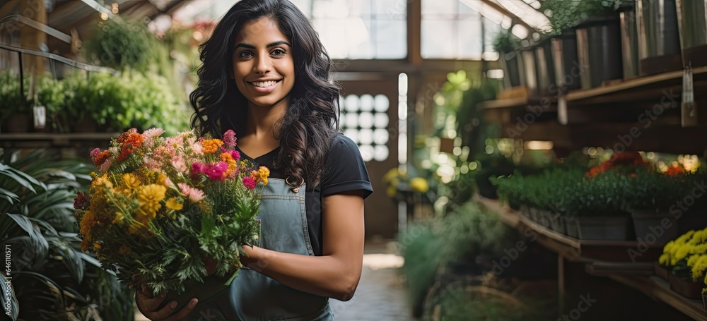 Smiling attractive hispanic female Small business owner in her florist shop. Smiling attractive hispanic female Small business owner in her florist shop.