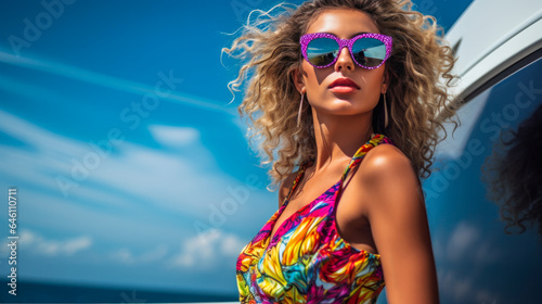 Supermodel wearing colorful sunglass and dress in a sunny day 