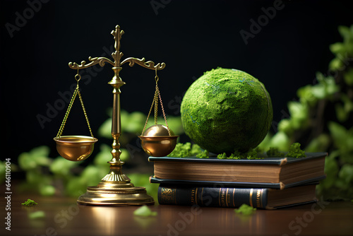 International Law and Environment Law. Green World and gavel with scales of justice and books. law for global economic regulation aligned with the principles of sustainable environmental conservation.