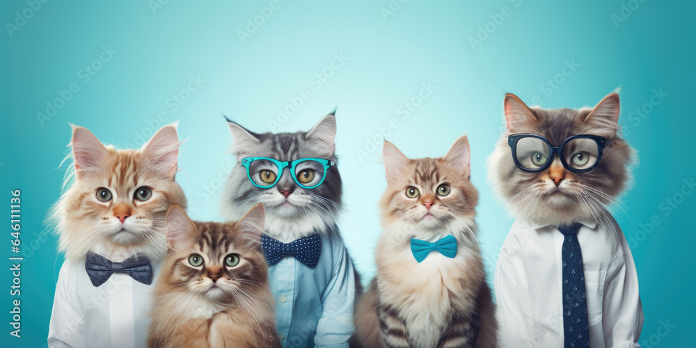 Group of funny cute cats wearing glasses and bow ties on a soft blue background