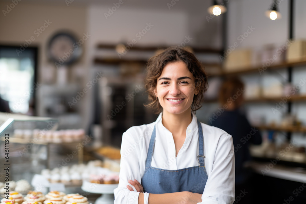 Happy small pastry shop owner, smiling proudly at her store. Cheerful female baker working at her shop - obrazy, fototapety, plakaty 