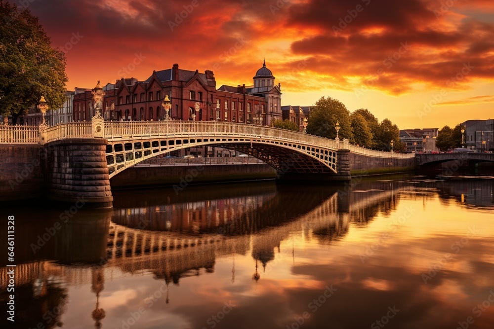 The iconic bridge in Dublin, Ireland, during sunset. Generative AI