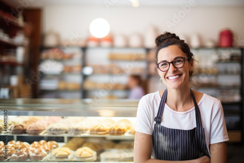 Happy small pastry shop owner, smiling proudly at her store. Cheerful female baker working at her shop