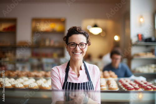 Happy small pastry shop owner, smiling proudly at her store. Cheerful female baker working at her shop