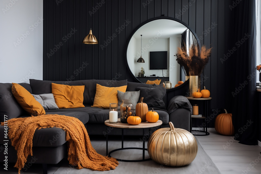 Obraz premium Modern living room with sofa and fireplace decorated with pumpkins for thanksgiving day. AI Generative..