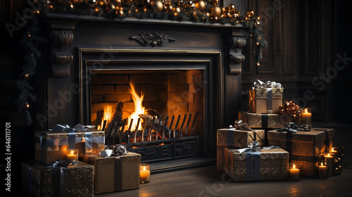 Fireplace with gifts and Christmas decorations