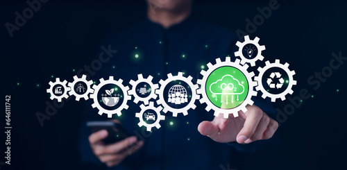 Reduce CO2 emission concept. Businessman touching environmental icons. Technology Net zero and Carbon neutrality, Carbon footprint, Sustainable development and green business, limit global warming,