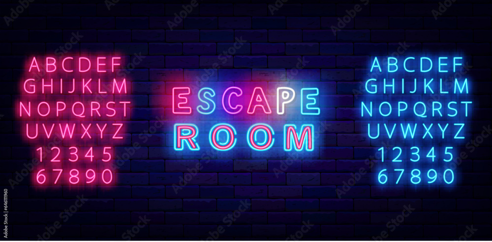 Escape room neon label. Quest emblem. Game zone. Colorful handwritten ...