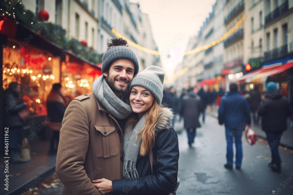 A young cheerful couple having fun in Paris, Enjoying Christmas Market A young cheerful couple having fun in Paris, Enjoying Christmas Market