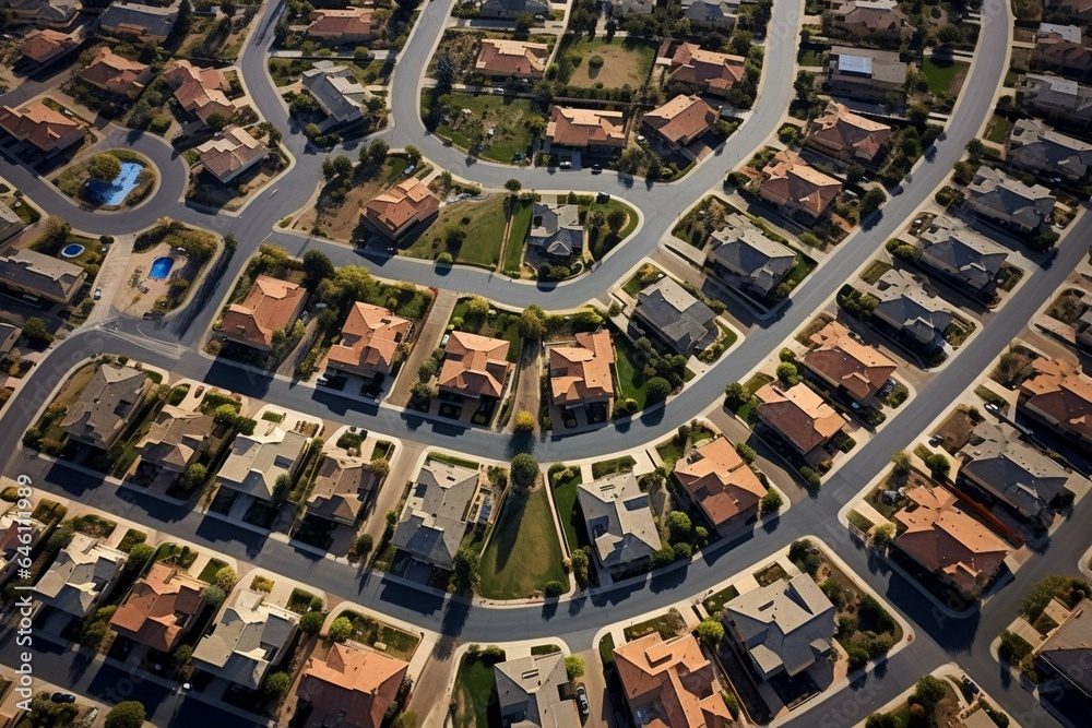 Bird's-eye perspective of residential area in Moreno Valley, California, USA. Generative AI
