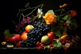 A dark arrangement of various fruits under dim lighting. Generative AI