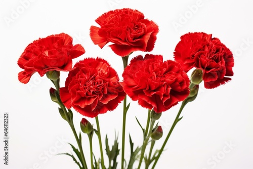 Vibrant isolated red carnations on a white background. Generative AI