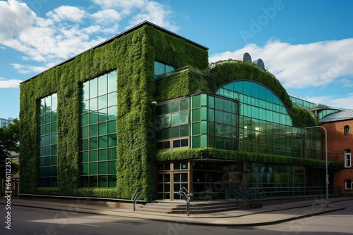 a building with green exterior. Generative AI