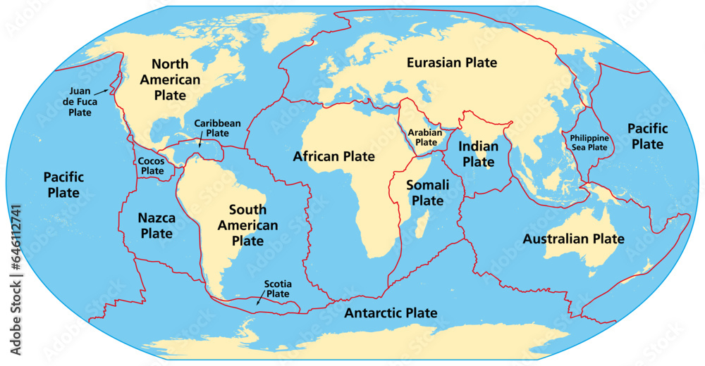 Map of the principal tectonic plates of the Earth. The sixteen major pieces of crust and uppermost mantle of the Earth, called the  lithosphere, and consisting of oceanic and continental crust. Vector