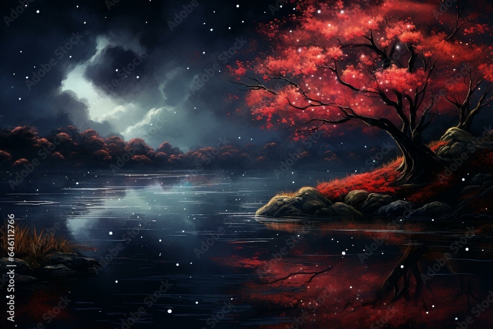 A artwork showing a dark sky studded with sparkling stars, reflecting into a calm lake surrounded by vibrant red flowers and a tree with a crimson leaf. Generative AI