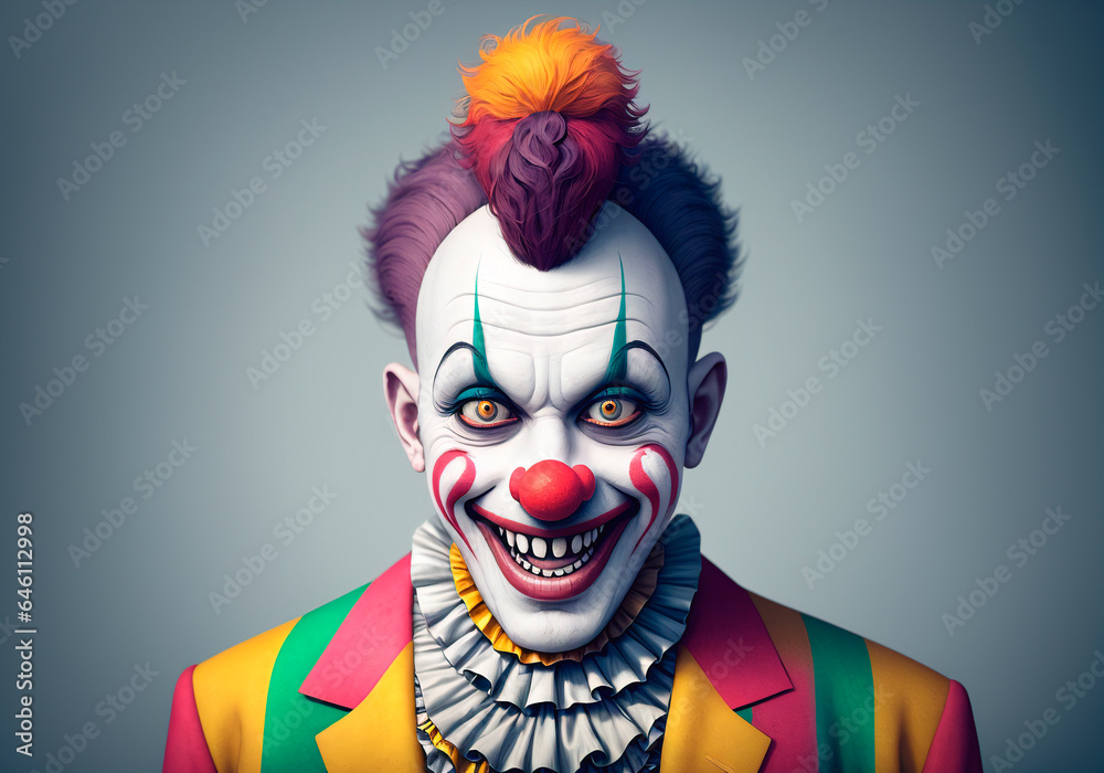 Clown with red hair on a dark background. Close-up.