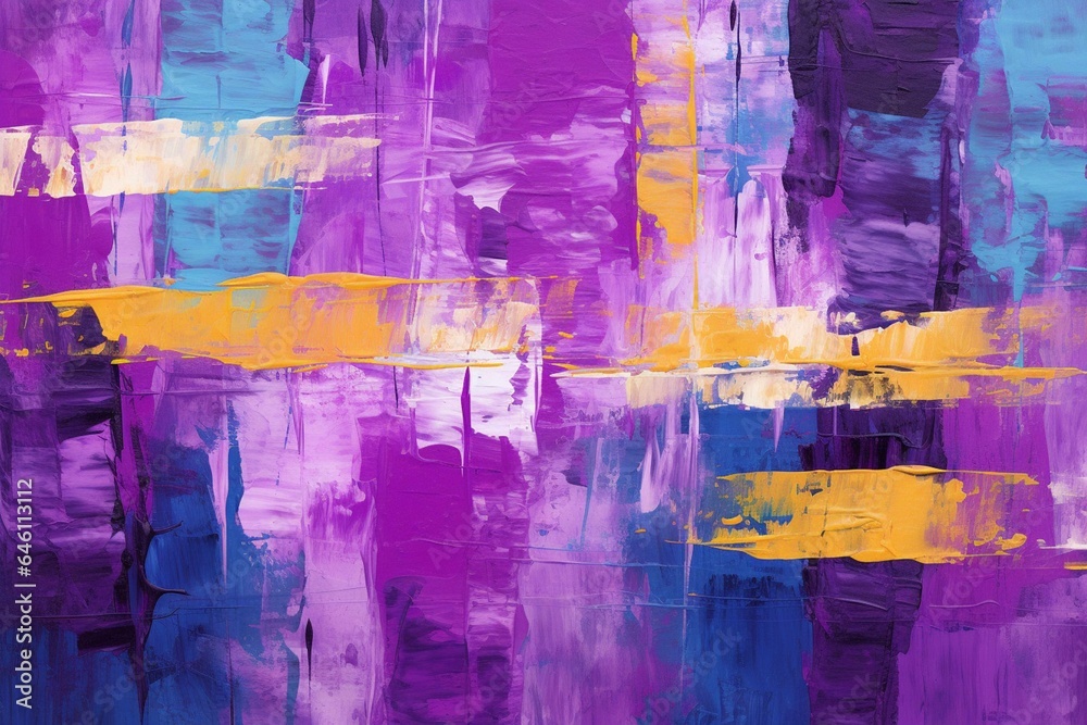 Multicolored brush strokes pattern on deep purple background with grunge collage. Generative AI