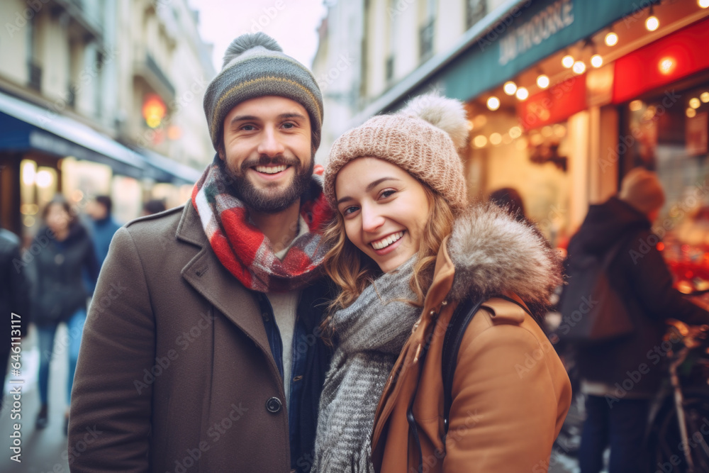 A young cheerful couple having fun in Paris, Enjoying Christmas Market A young cheerful couple having fun in Paris, Enjoying Christmas Market
