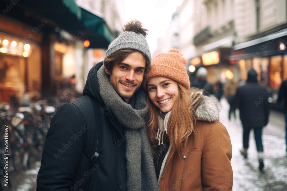 A young cheerful couple having fun in Paris, Enjoying Christmas Market A young cheerful couple having fun in Paris, Enjoying Christmas Market