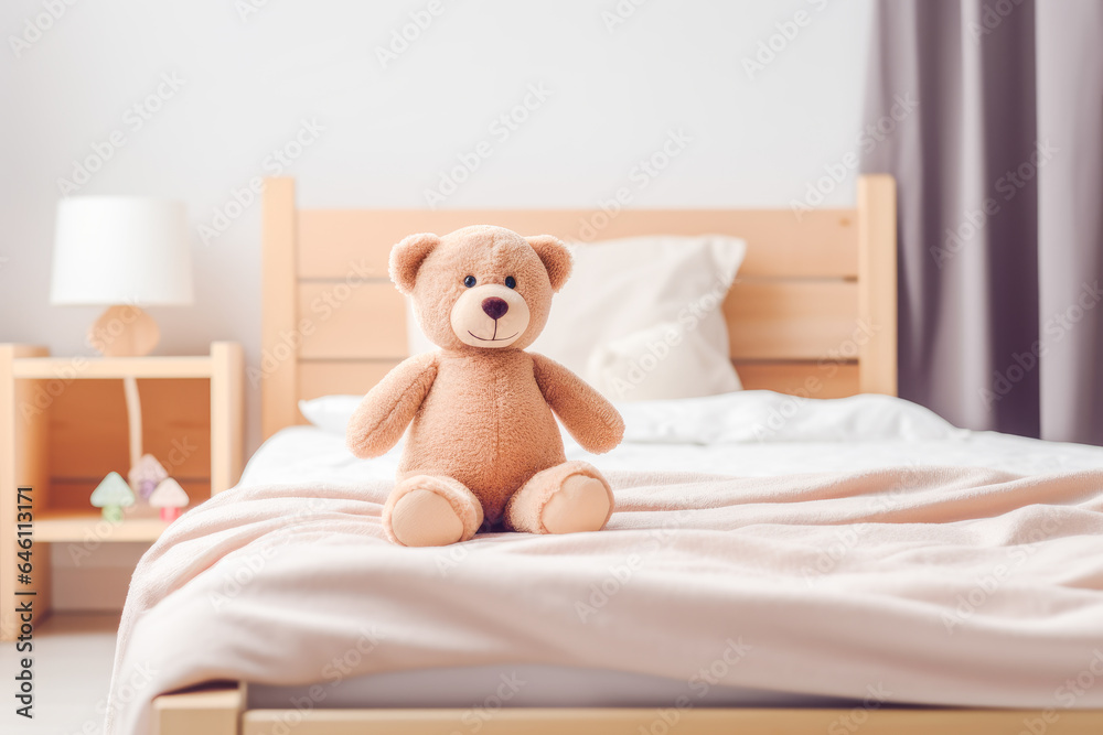 Beige plush bear sits on bed in neutral boy`s or girl`s room. 