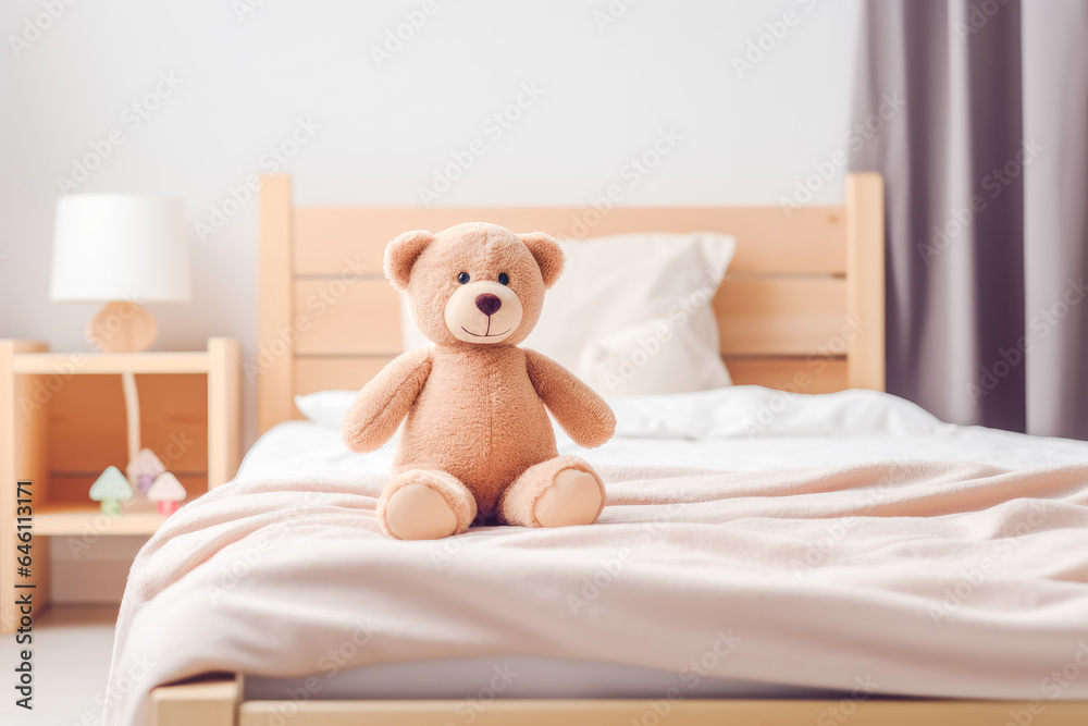 Beige plush bear sits on bed in neutral boy`s or girl`s room. Beige plush bear sits on bed in neutral boy`s or girl`s room.