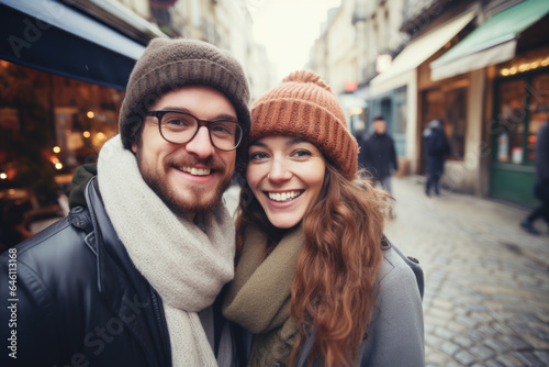 A young cheerful couple having fun in Paris  Enjoying Christmas Market
