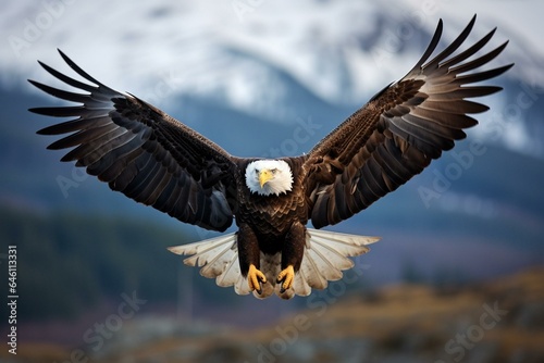 An image of a majestic eagle soaring with its wings fully spread. Generative AI © Amias