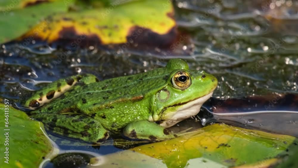 Close-up of a green marsh frog with beautiful huge golden eyes sitting in the water among waterlily leaves. Slow motion of an aquatic animal breathing calm in the garden pond. Summer wildlife. 4K Close-up of a green marsh frog with beautiful huge golden eyes sitting in the water among waterlily leaves. Slow motion of an aquatic animal breathing calm in the garden pond. Summer wildlife. 4K