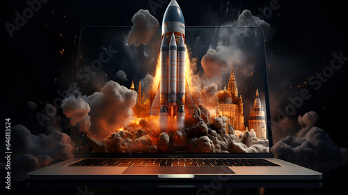 illustration of a rocket flying from the laptop screen