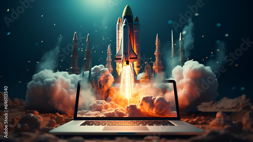 illustration of a rocket flying from the laptop screen © Tendofyan
