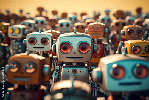 A crowd of small colorful robots. Generative AI.