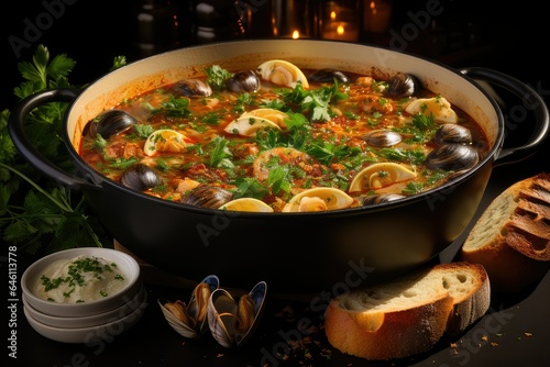 Showcasing the Culinary Masterpiece of Bouillabaisse, a Flavorful French Seafood Stew, Ideal for Food Enthusiasts and Gastronomy Concepts