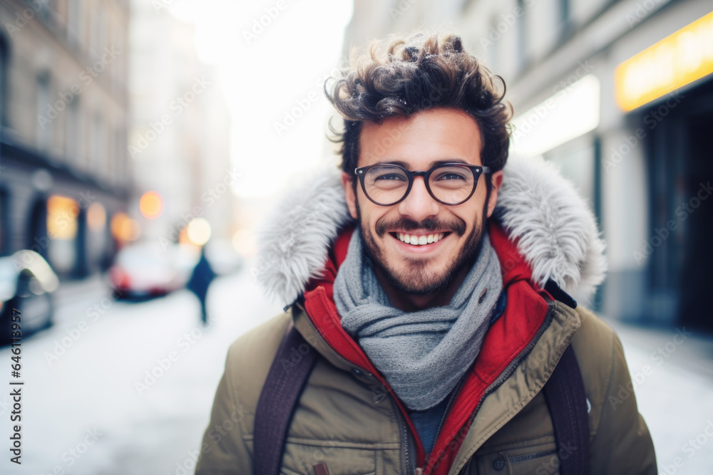 Portrait of a young smiling man standing on the city street in Paris Portrait of a young smiling man standing on the city street in Paris