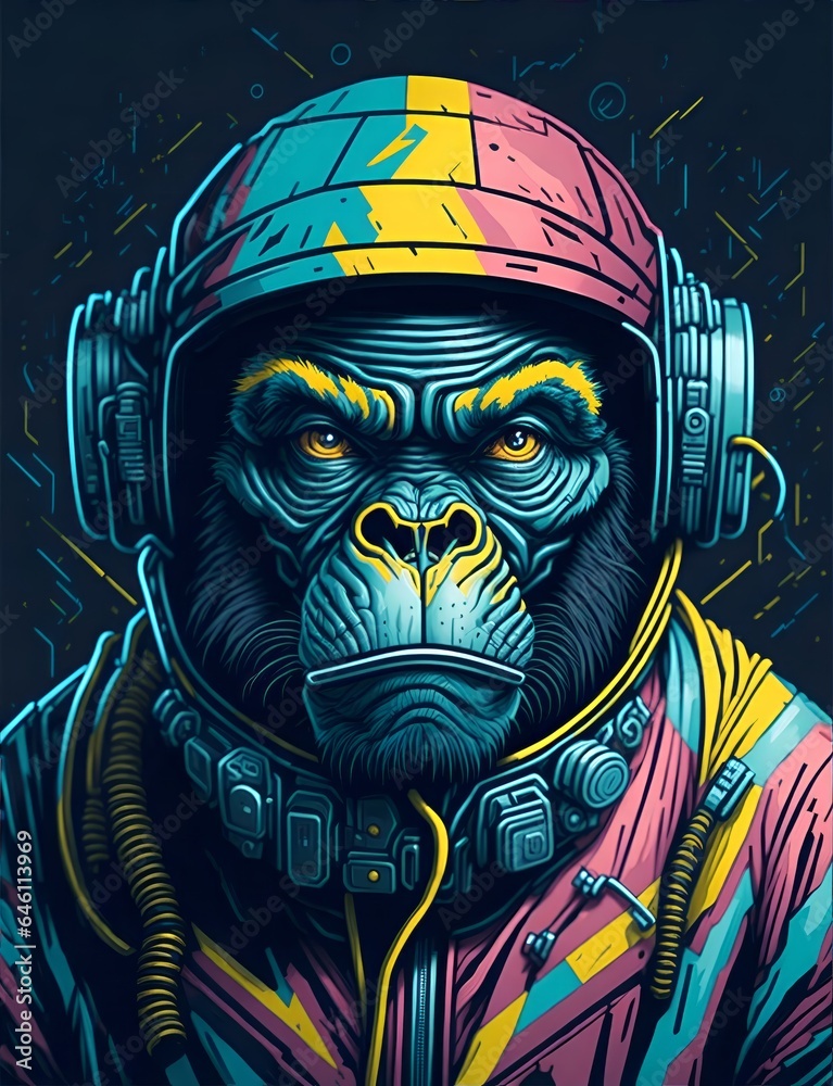 Colourful graffiti illustration of an ape in a space suit, vibrant colour, highly detailed 