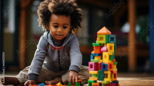 African American child playing with colorful block toys