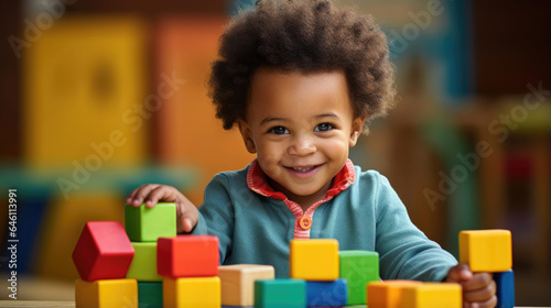 African American child playing with colorful block toys