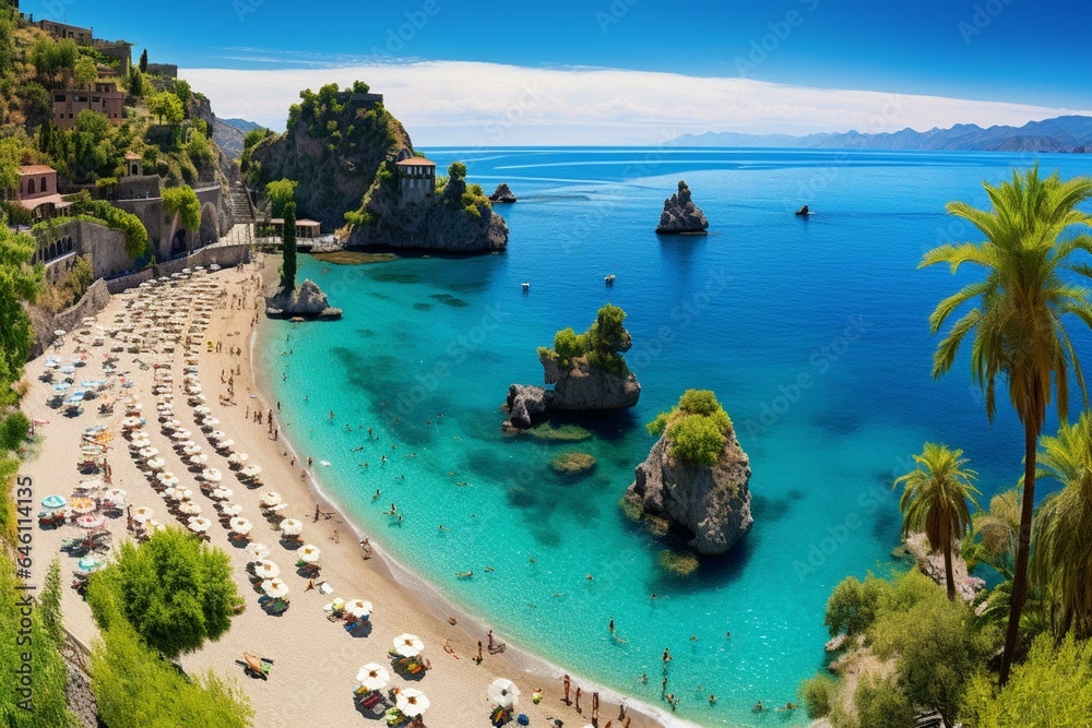Stunning vertical view of a sunny day at Isola Bella beach in Taormina, Sicily, surrounded by tropical beauty. Generative AI - obrazy, fototapety, plakaty 