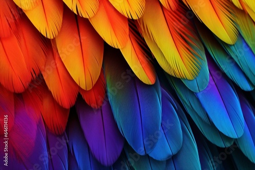 Vibrant, abstract parrot feathers with bright colors, metallic appearance, and intricate details. Generative AI