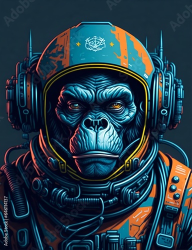 Colourful graffiti illustration of an ape in a space suit, vibrant colour, highly detailed 