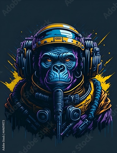 Colourful graffiti illustration of an ape in a space suit, vibrant colour, highly detailed  photo