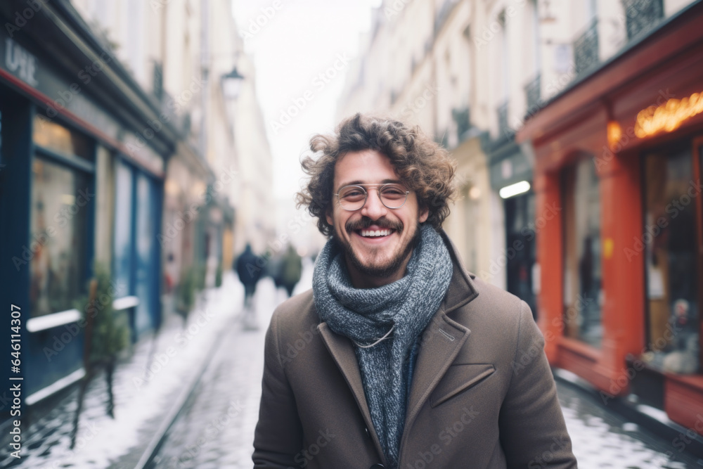 Portrait of a young smiling man standing on the city street in Paris Portrait of a young smiling man standing on the city street in Paris