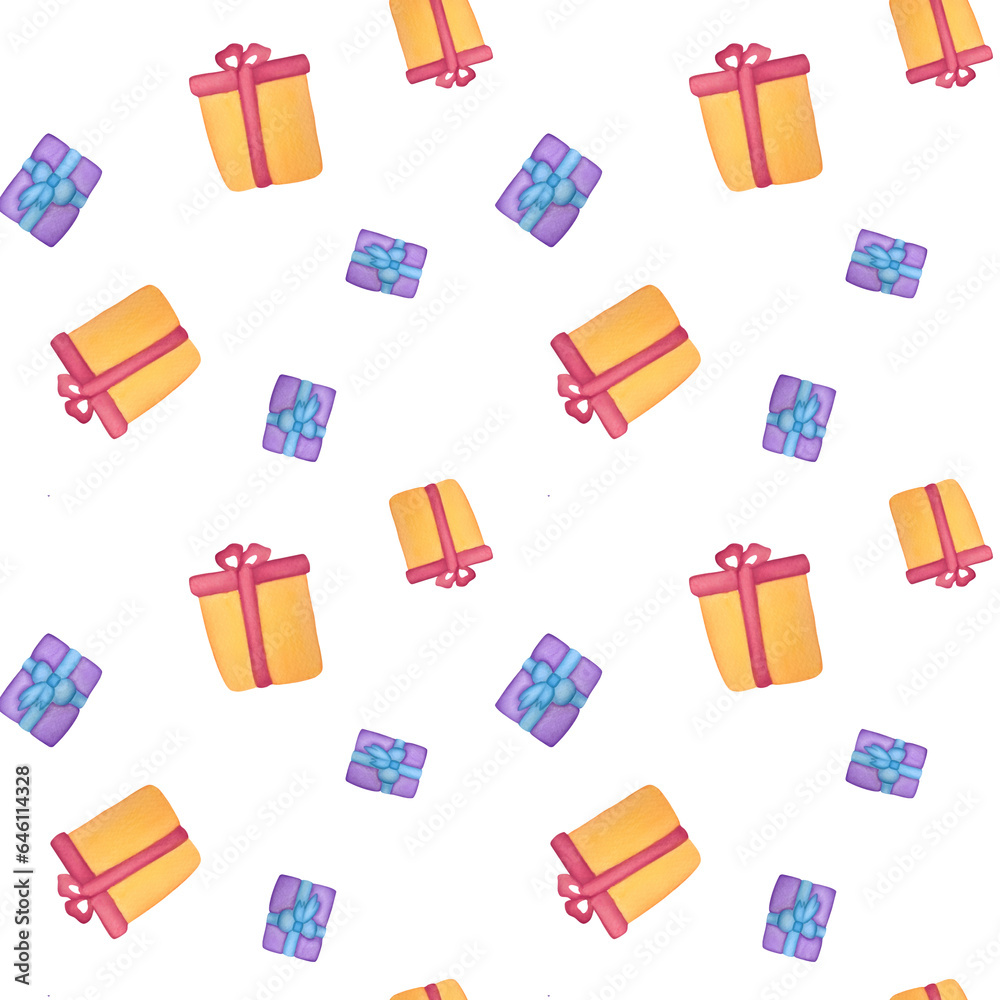 seamless pattern with gift boxes on transparent background. watercolor holiday print for wrapping gifts, stickers, tape, ribbons. Happy Birthday, Merry Christmas cards design, wallpaper