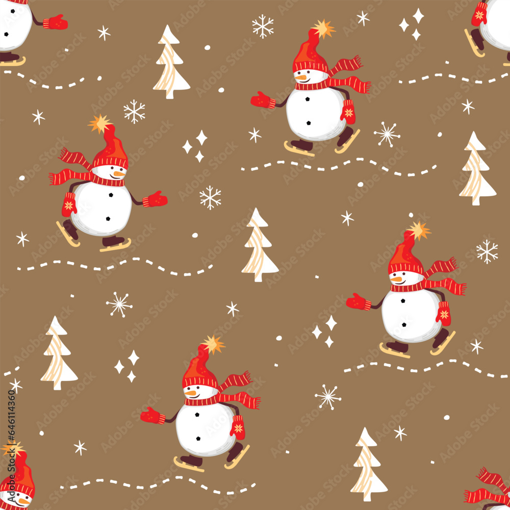 Funny seamless pattern with cartoon skating snowman.Cute character in red hat and scarf,Christmas trees and snowflakes.Colorful background for printing on fabric and paper.Vector illustration on beige Funny seamless pattern with cartoon skating snowman.Cute character in red hat and scarf,Christmas trees and snowflakes.Colorful background for printing on fabric and paper.Vector illustration on beige