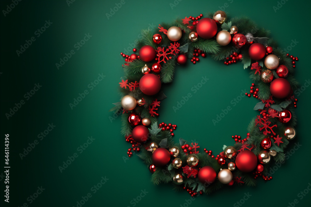 Beautiful Christmas wreath of fresh spruce on a green background. Christmas mood. Beautiful Christmas wreath of fresh spruce on a green background. Christmas mood.